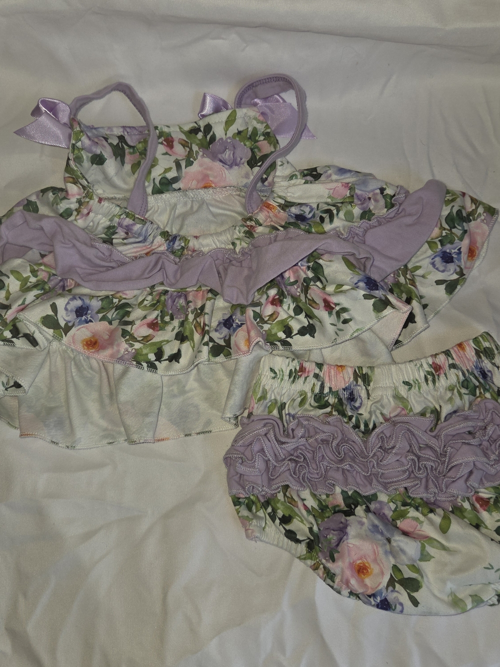 Girls Floral Lavender Ruffle Matching Set - Picture 2 of 3